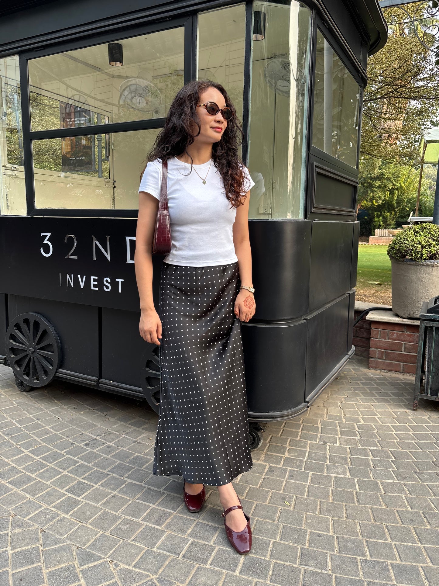 Satin black polka dot skirt