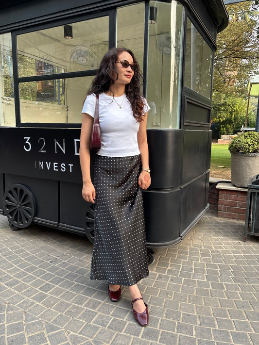 Satin black polka dot skirt